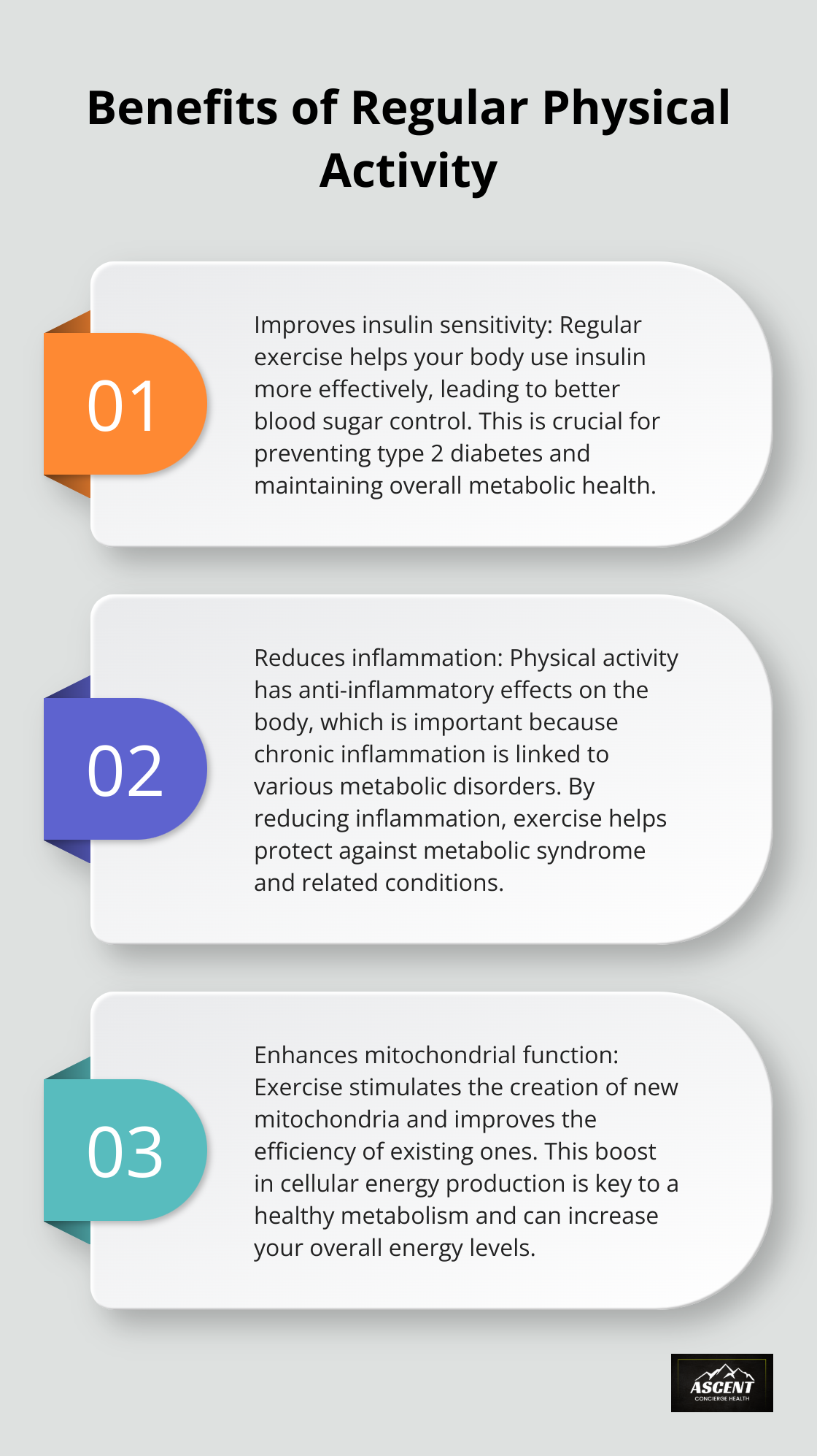 Ordered list chart showing three key benefits of regular physical activity for metabolic health - how to have good metabolic health