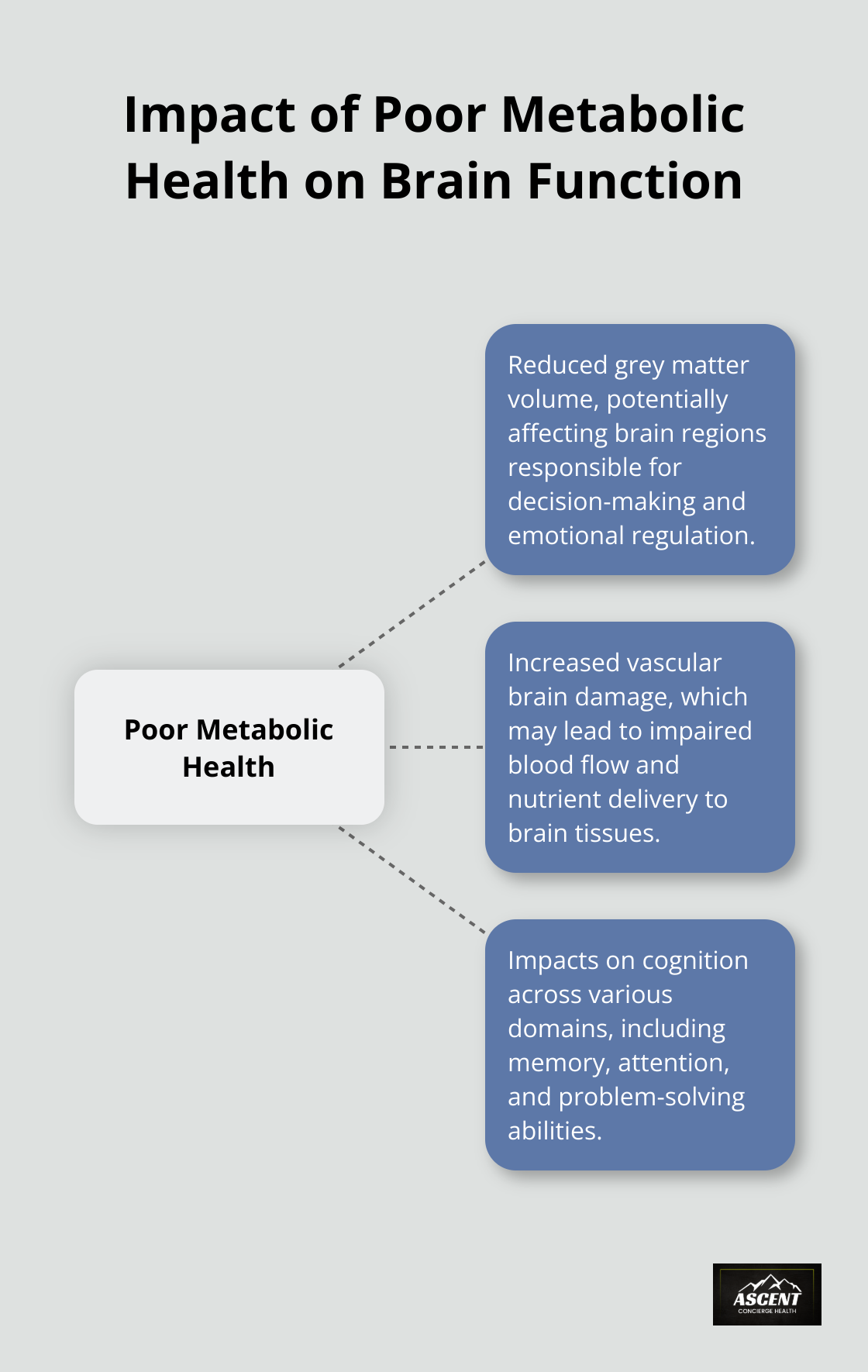 Hub and spoke chart showing the effects of poor metabolic health on brain function, including reduced grey matter volume, increased vascular brain damage, and impacts on cognition. - peak performance metabolic health