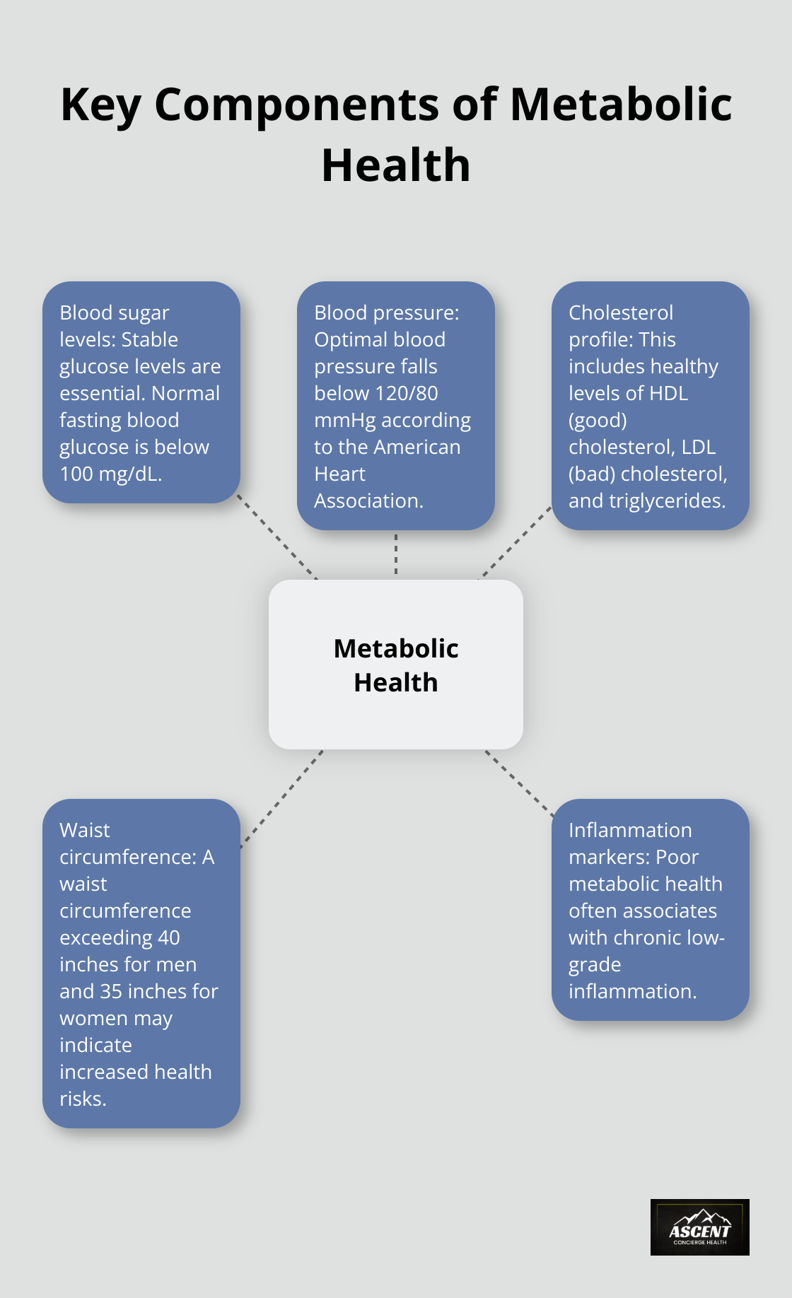A hub and spoke chart showing the five key components of metabolic health: blood sugar levels, blood pressure, cholesterol profile, waist circumference, and inflammation markers. - metabolic health meaning